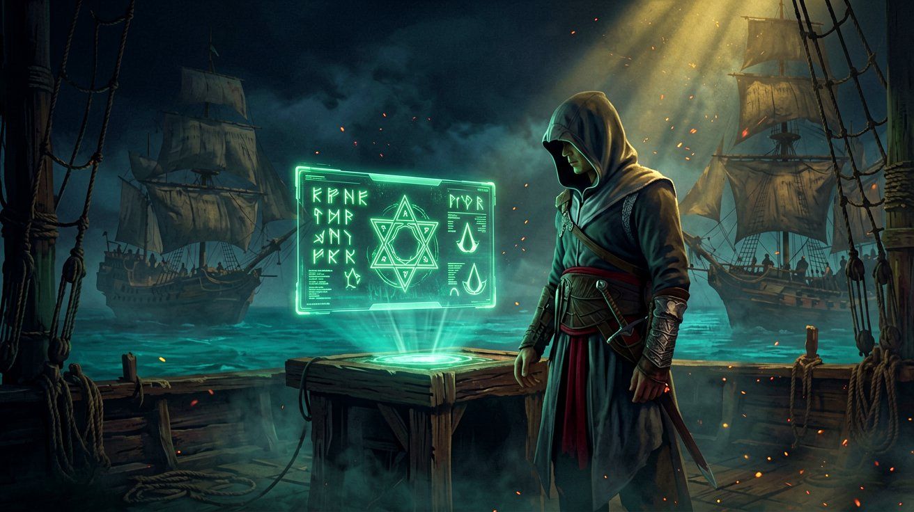 A hooded figure stands in a dimly lit, shadowy room in front of a futuristic Abstergo computer terminal displaying strange code.