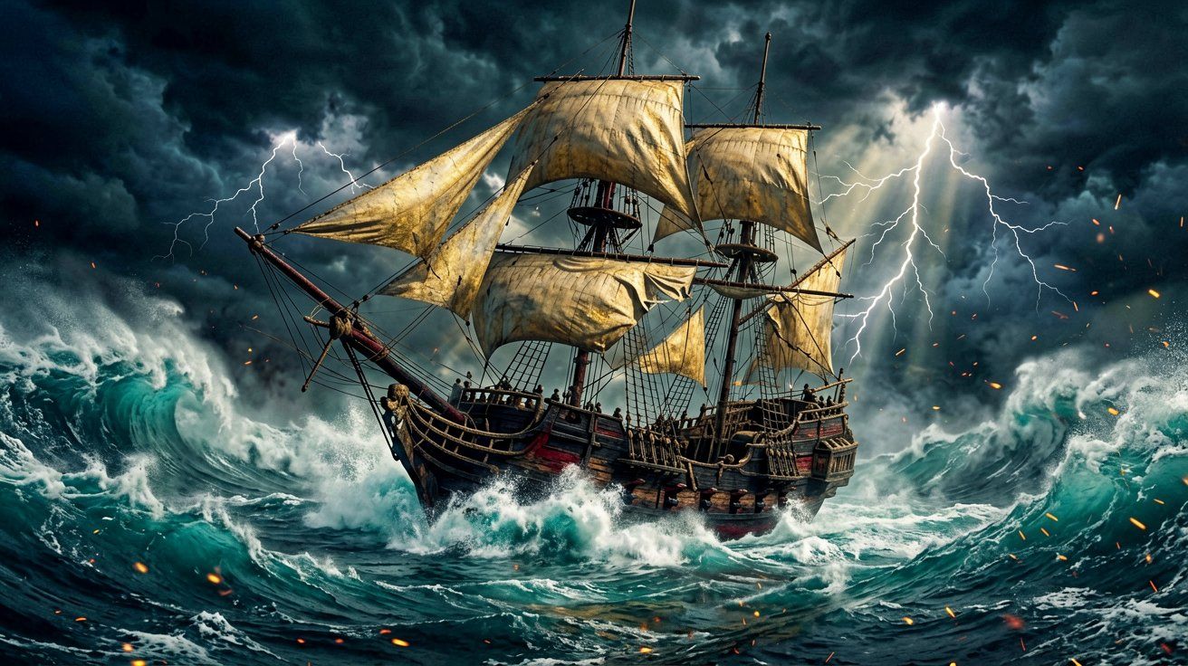 A scenic wide shot of the pirate ship Jackdaw navigating a storm in the Caribbean, waves crashing against its dark hull.