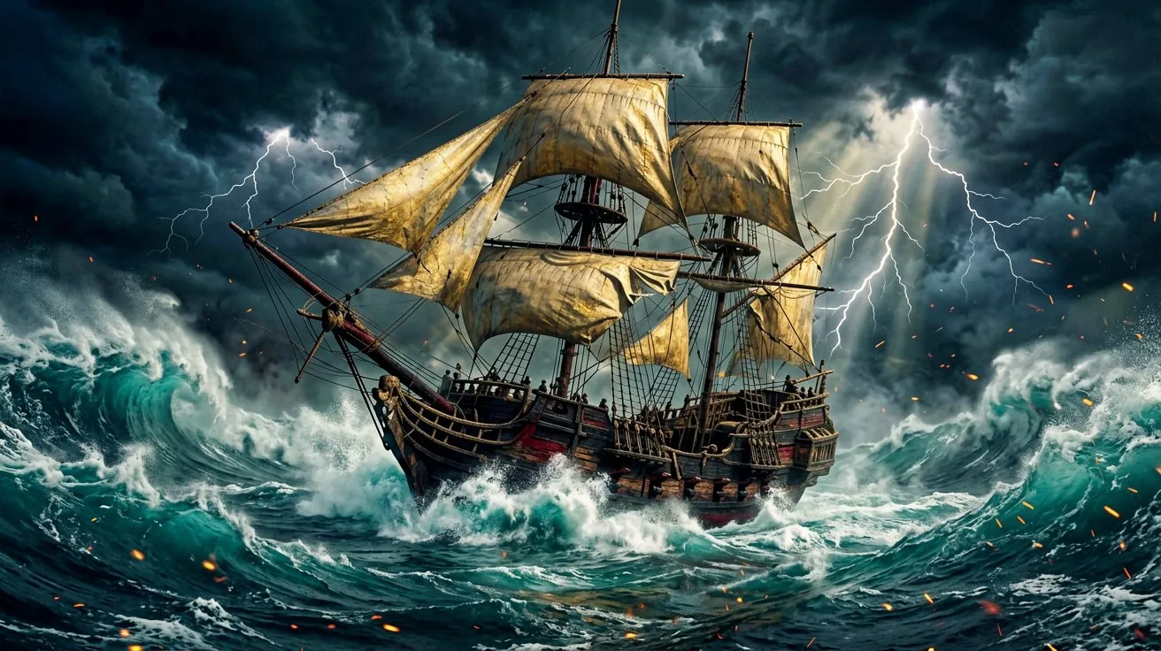 A scenic wide shot of the pirate ship Jackdaw navigating a storm in the Caribbean, waves crashing against its dark hull.
