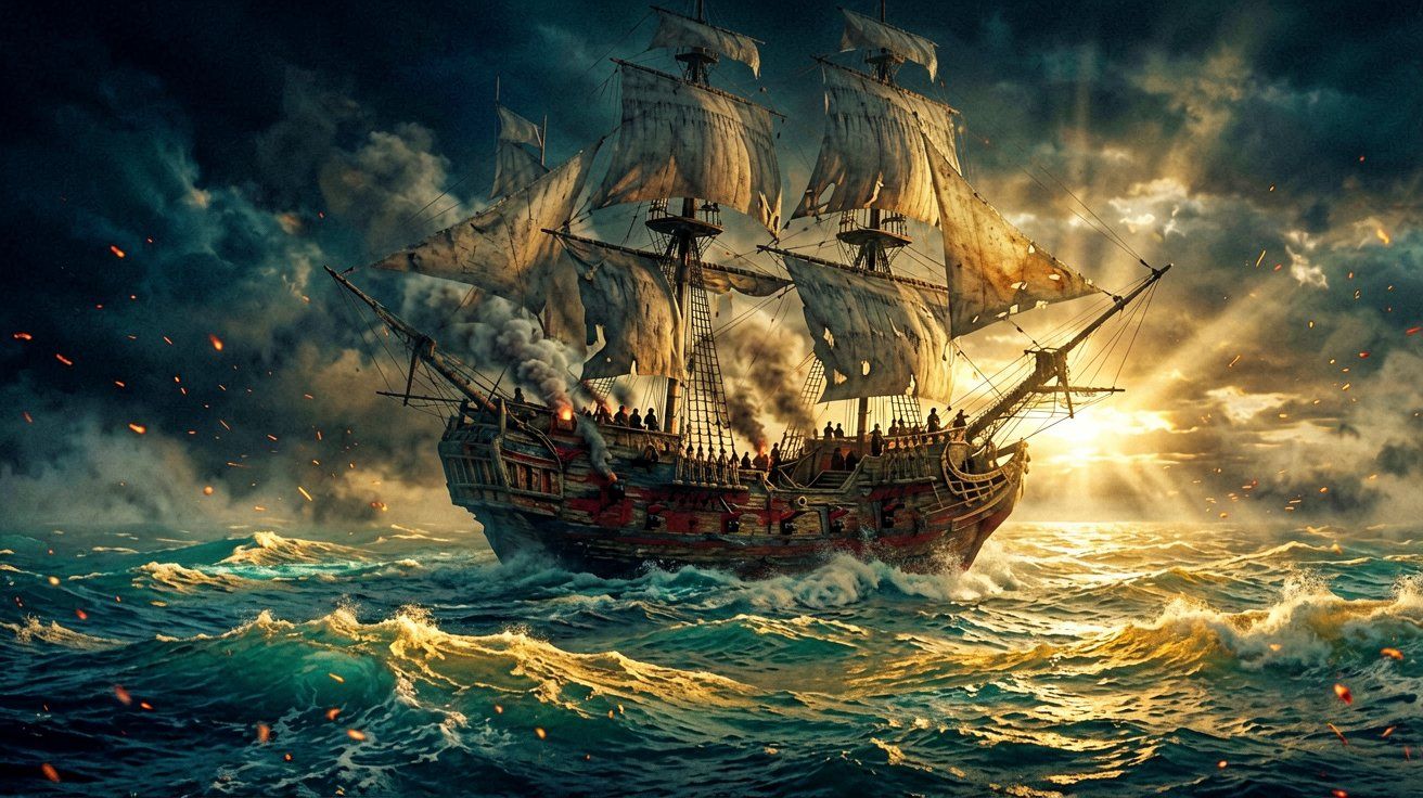 A tall-masted sailing warship cutting through stormy Caribbean seas at dawn, cannons smoking along the hull