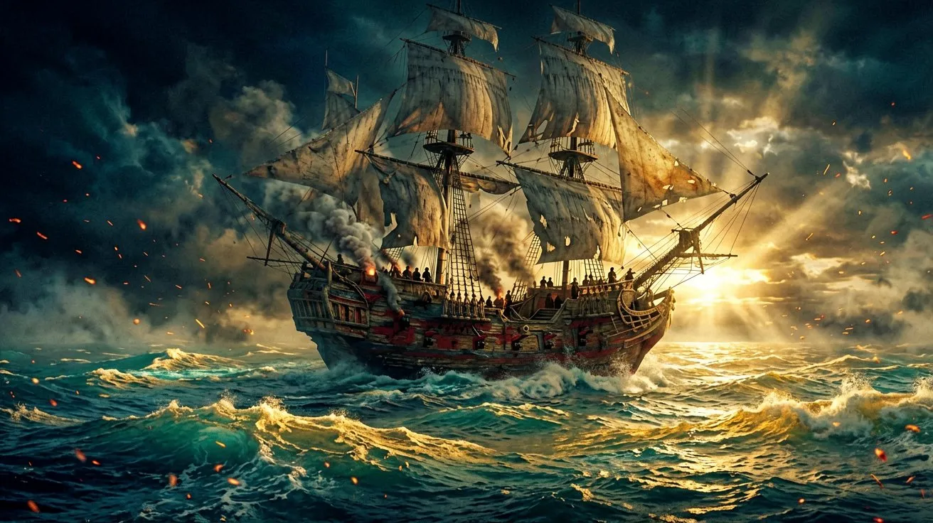 A tall-masted sailing warship cutting through stormy Caribbean seas at dawn, cannons smoking along the hull