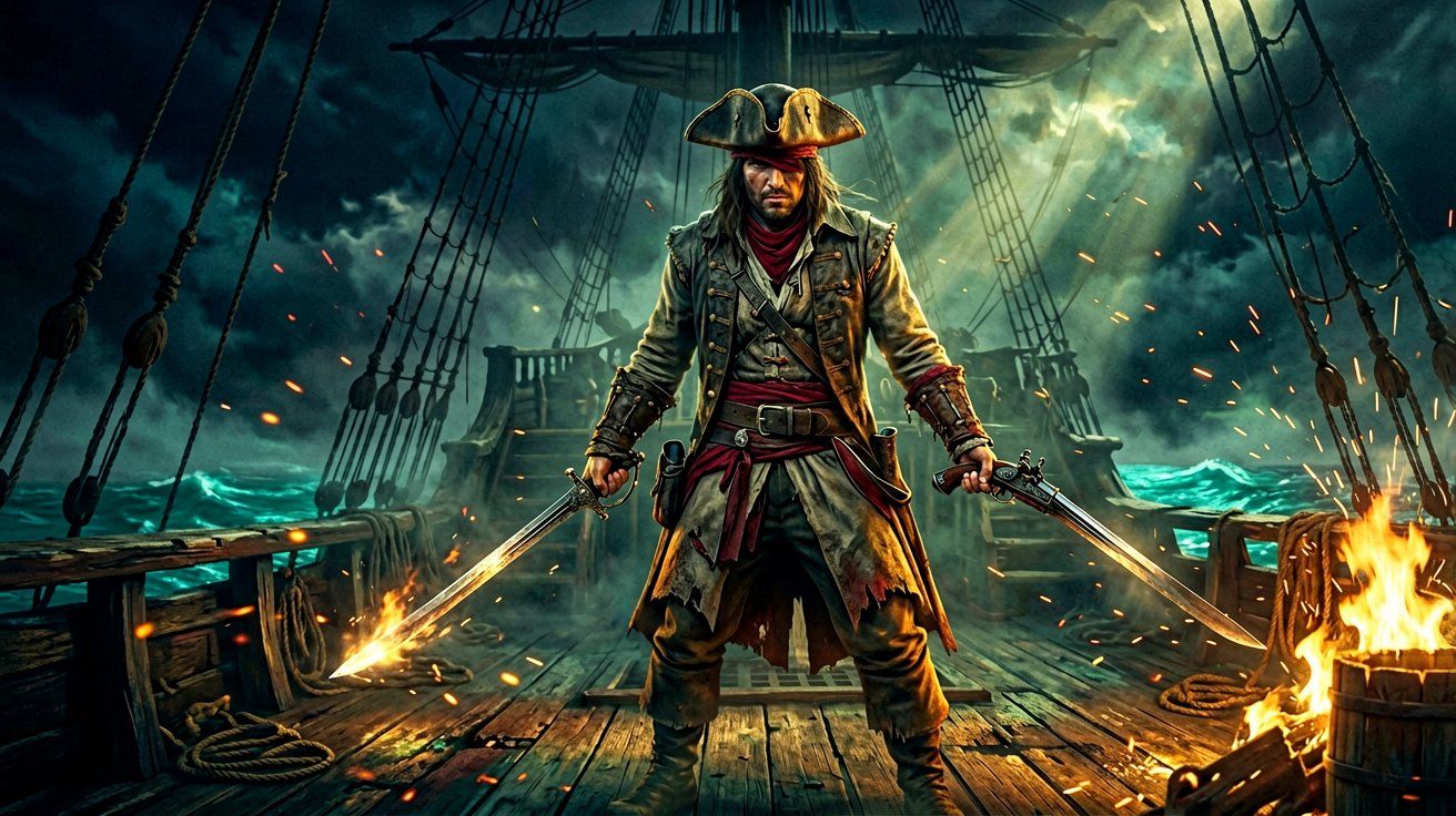 A pirate standing on a wooden ship deck at night, wielding dual swords and a flintlock pistol illuminated by firelight.