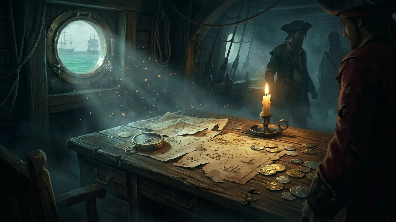 A weathered pirate treasure map resting on a wooden desk next to a brass compass and gold doubloons.