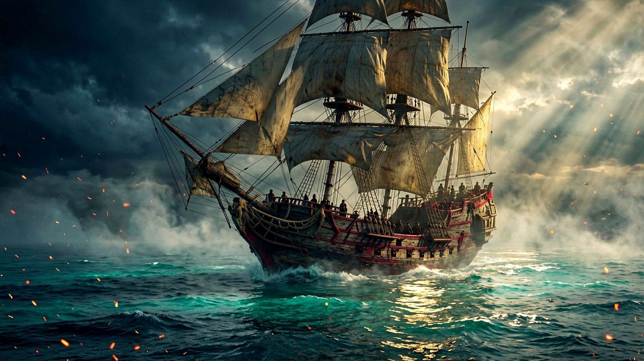 A majestic sailing galleon on the Caribbean Sea at dawn, demonstrating advanced water rendering, volumetric fog, and detailed lighting effects in the PC version.