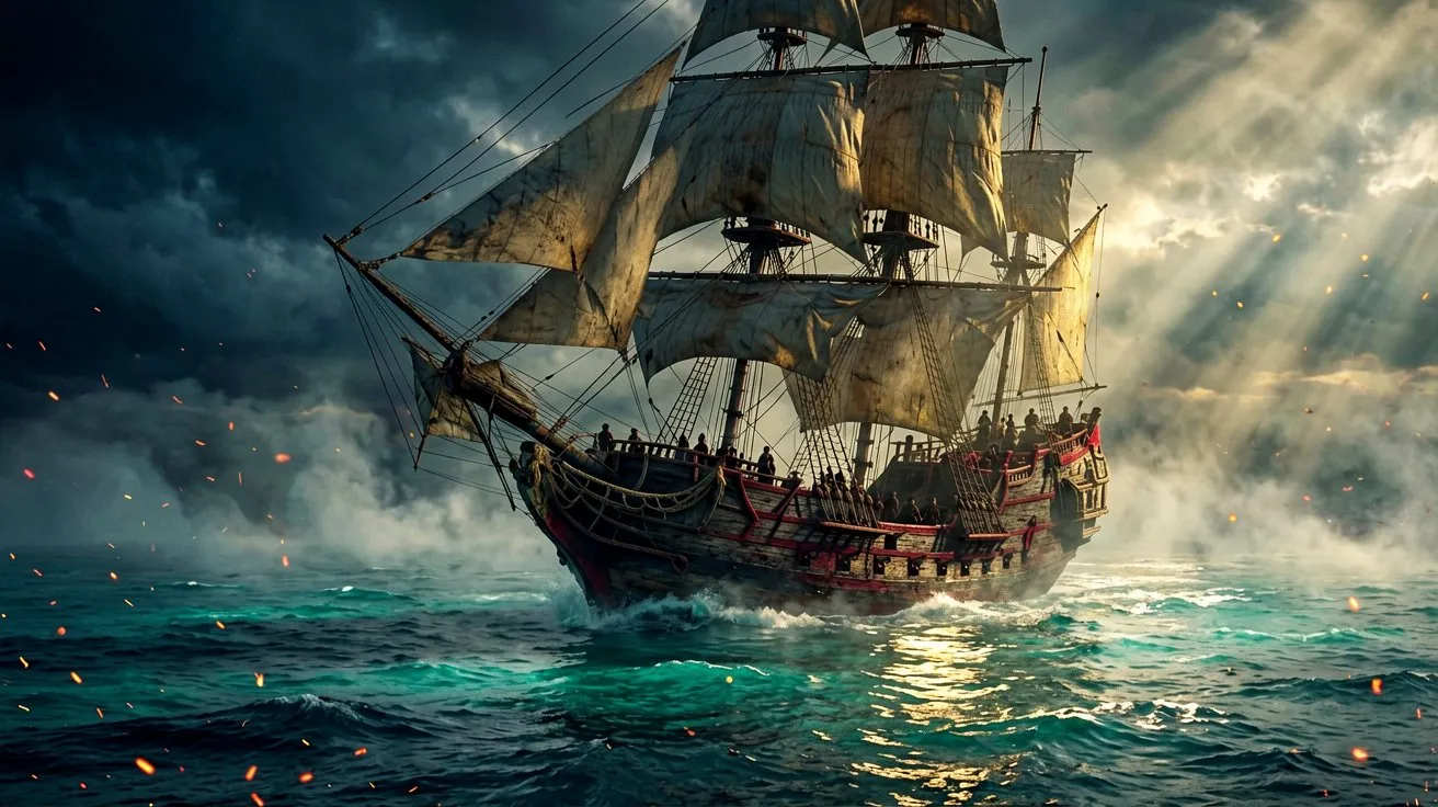 A majestic sailing galleon on the Caribbean Sea at dawn, demonstrating advanced water rendering, volumetric fog, and detailed lighting effects in the PC version.
