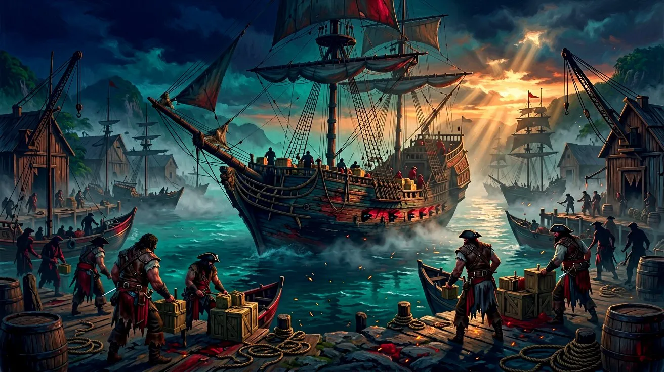 A large fleet of sailing ships moored in a hidden Caribbean bay with a bustling dockyard at sunset