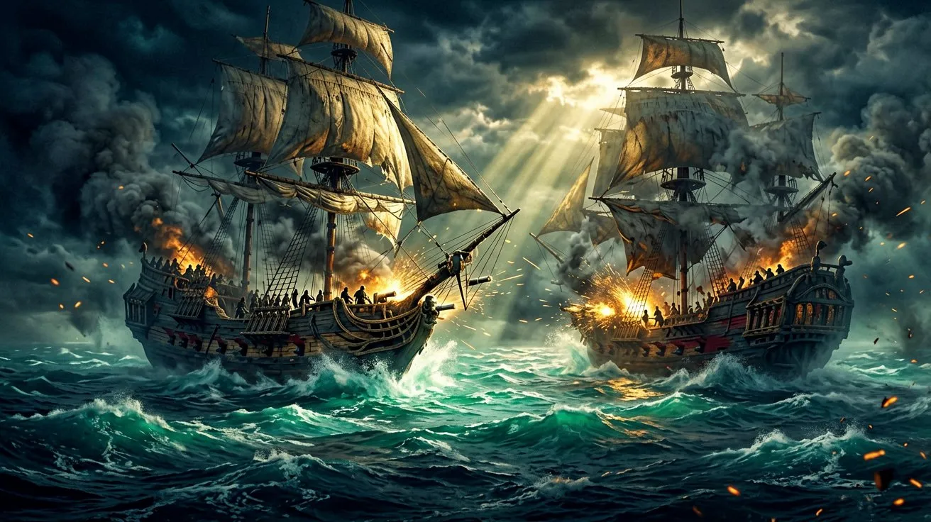 Two massive sailing warships exchanging broadside cannon fire amidst heavy smoke and rough seas.