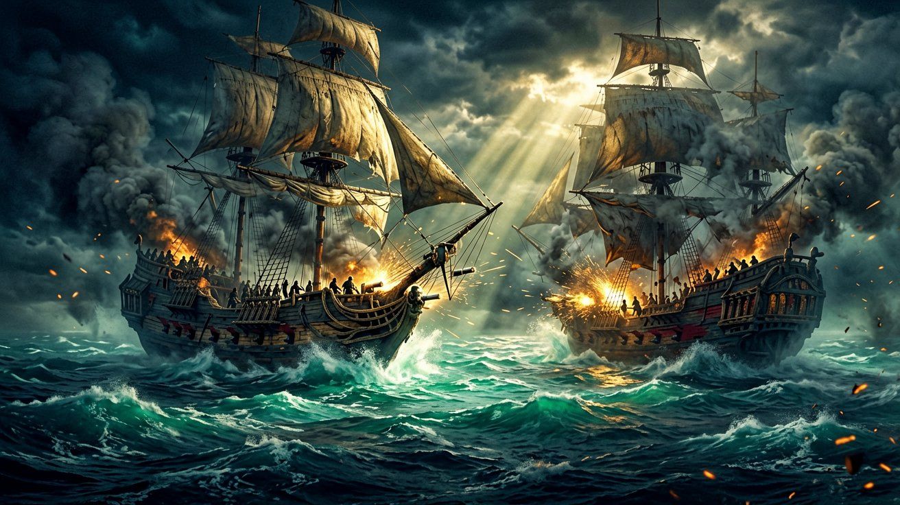 Two massive sailing warships exchanging broadside cannon fire amidst heavy smoke and rough seas.