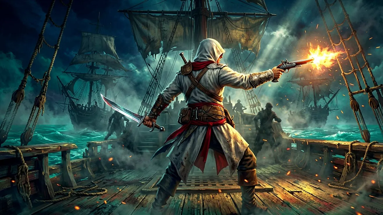 A pirate with a hidden face wielding twin cutlasses and a flintlock pistol on a deck illuminated by firelight
