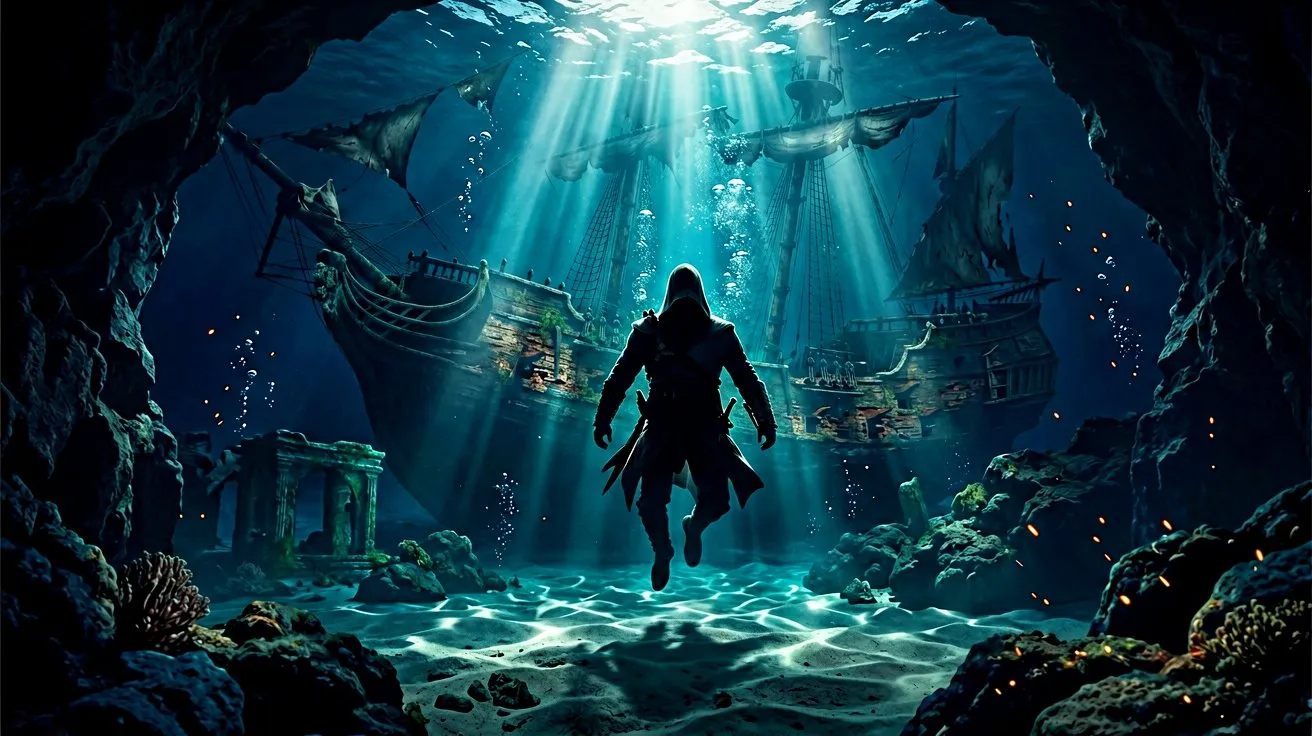 A pirate silhouette swimming through a flooded underwater cavern illuminated by glowing flora and shafts of light.