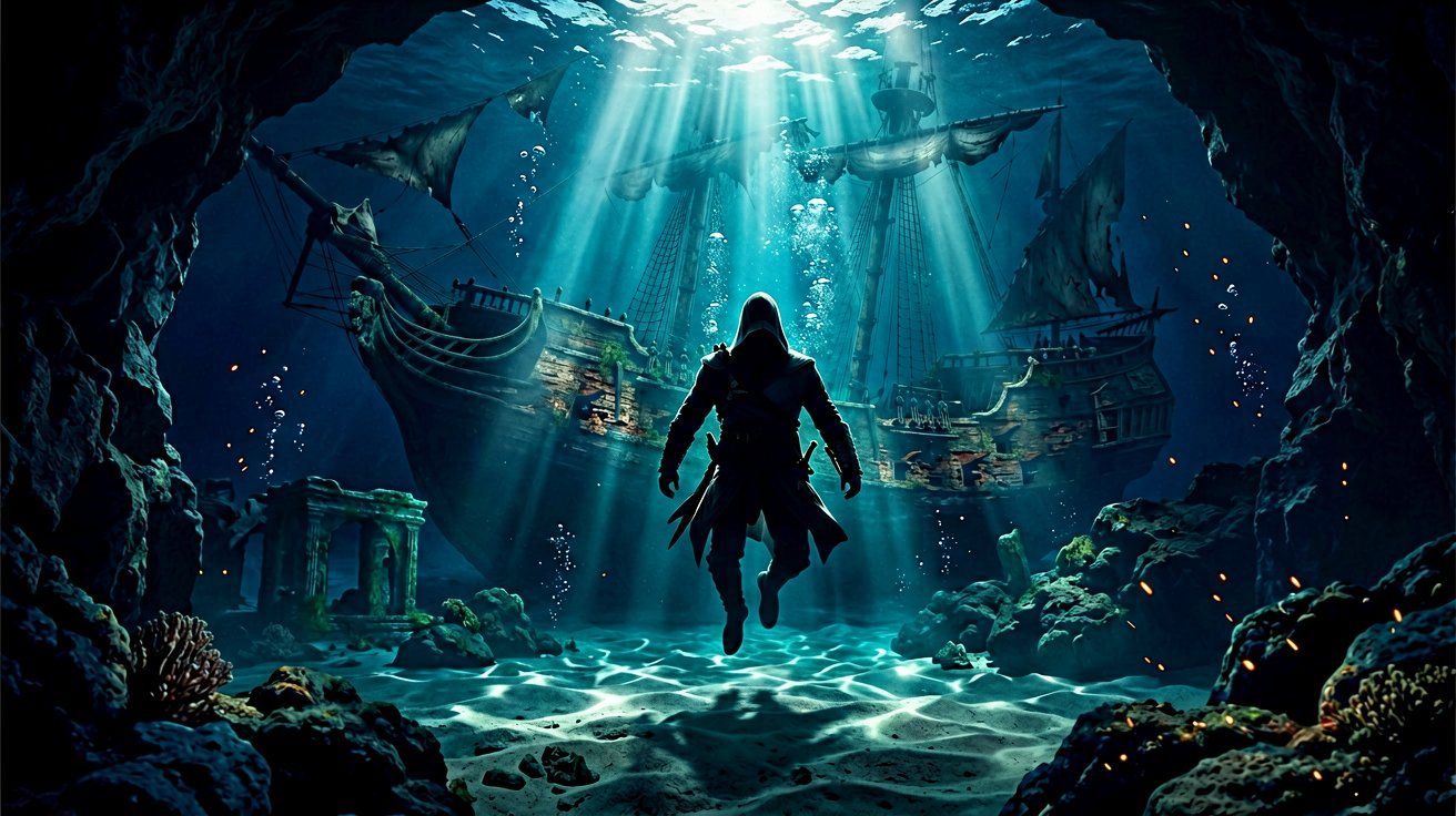A pirate silhouette swimming through a flooded underwater cavern illuminated by glowing flora and shafts of light.
