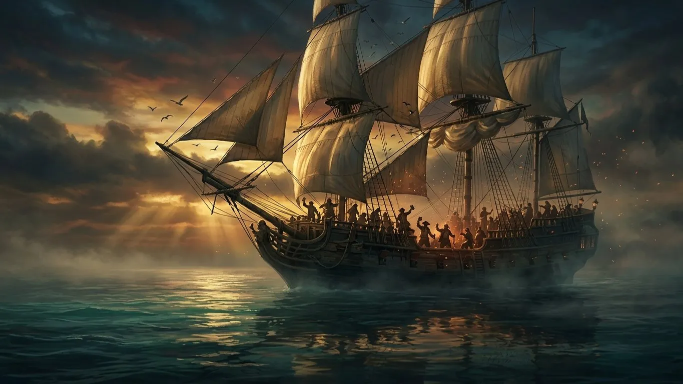 A spectacular panoramic view of a massive sailing warship on the turquoise Caribbean Sea at dawn, with a festive atmosphere on deck.