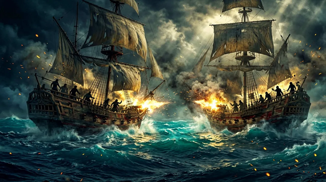 Two sailing warships firing broadside cannons at each other amidst stormy waves, sparks, and dense smoke in the Caribbean.