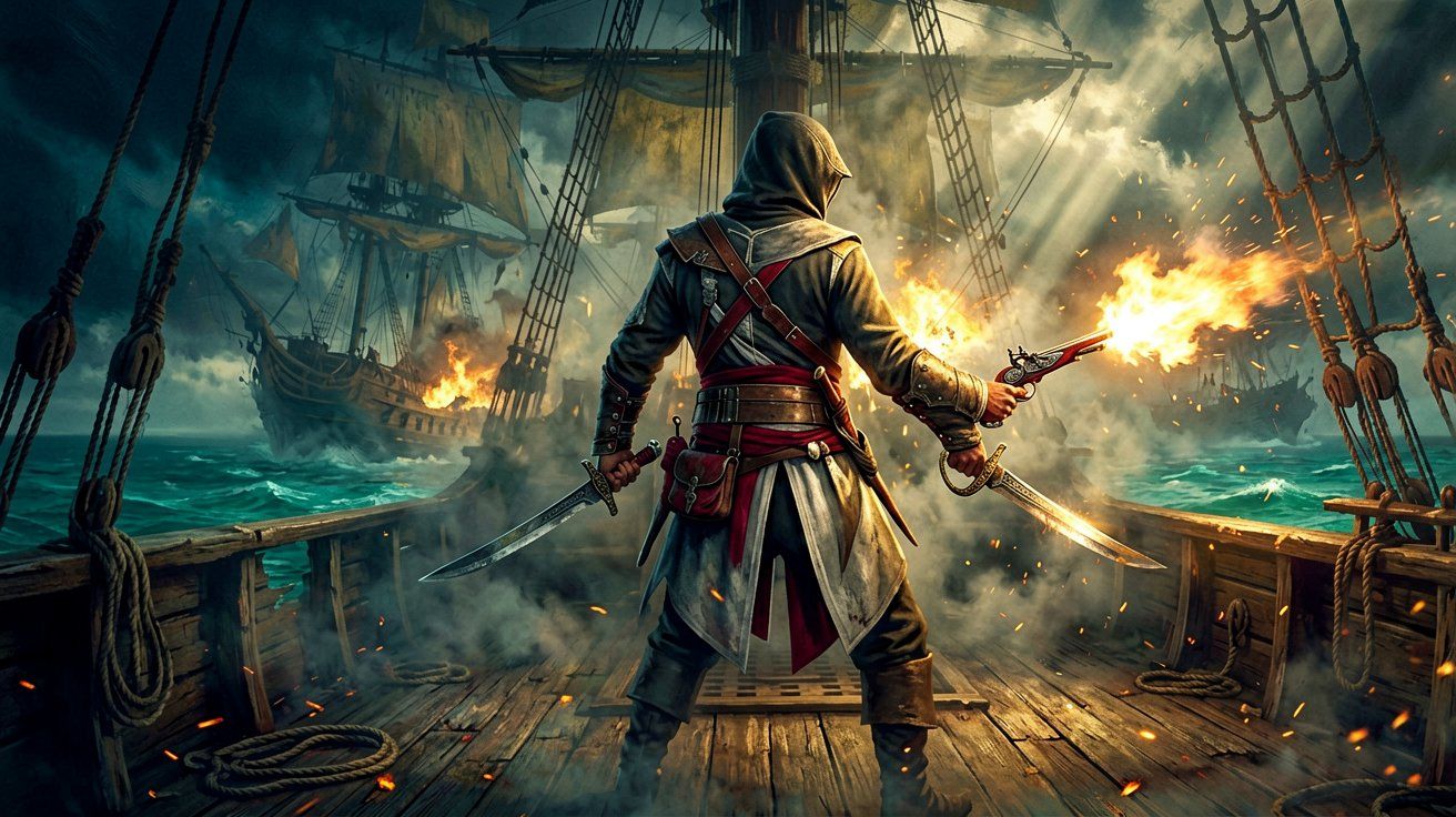 A pirate assassin viewed from behind on a wooden ship deck, dual-wielding cutlasses and firing a flintlock pistol in combat.