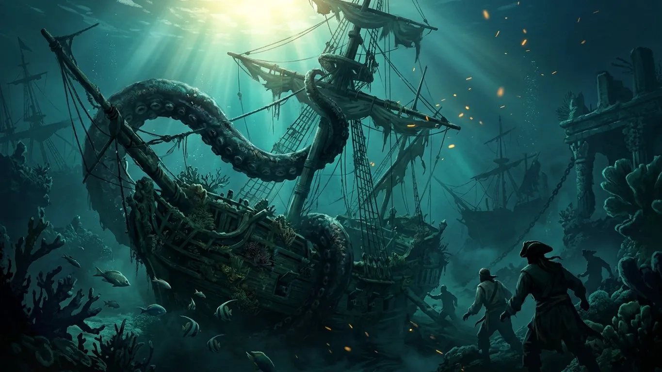 A massive Kraken tentacle wrapping around a sunken galleon in the deep turquoise waters of the Caribbean.