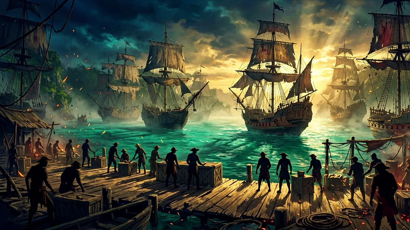 A fleet of galleons anchored in a hidden Caribbean bay next to a busy dockyard