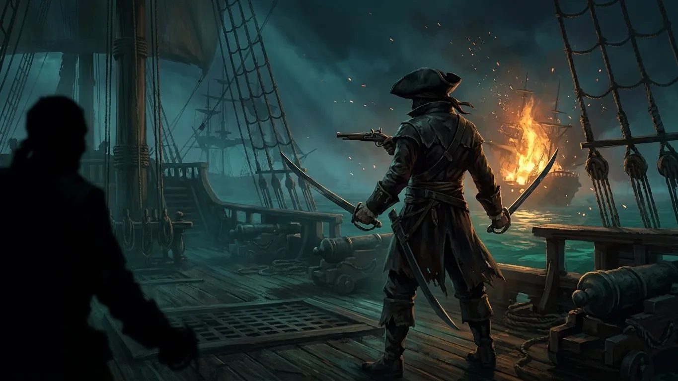 A hidden pirate wielding dual swords and a flintlock pistol on a fiery ship deck.