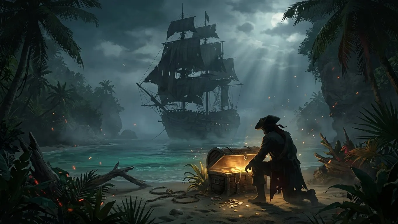 A pirate captain silhouetted against the moonlight, opening a glowing treasure chest on a sandy beach while a massive galleon with dark sails anchors in the cove behind him.