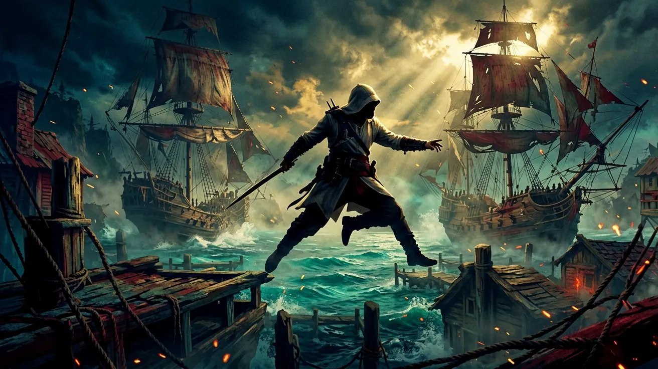 A silhouette of a pirate leaping between the rooftops of a Caribbean harbor colony.