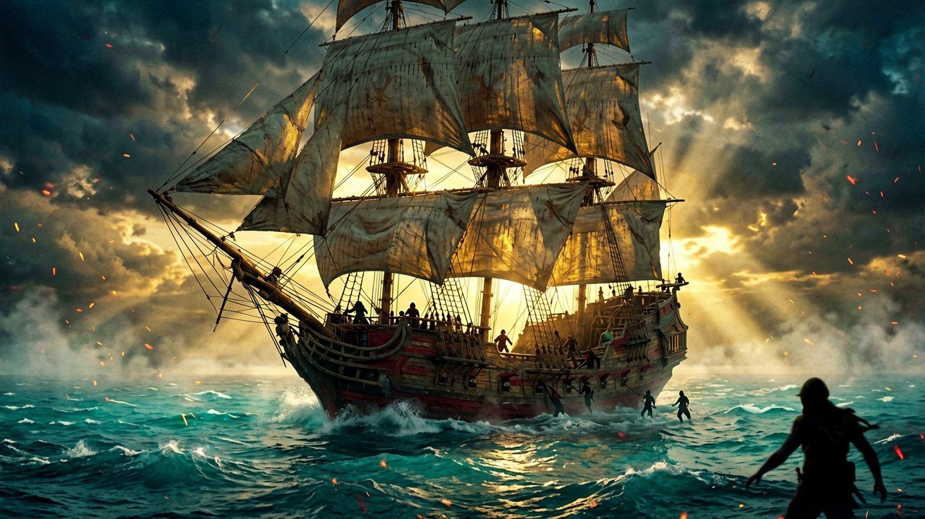 A majestic sailing galleon riding the morning swells of the turquoise Caribbean sea at dawn.