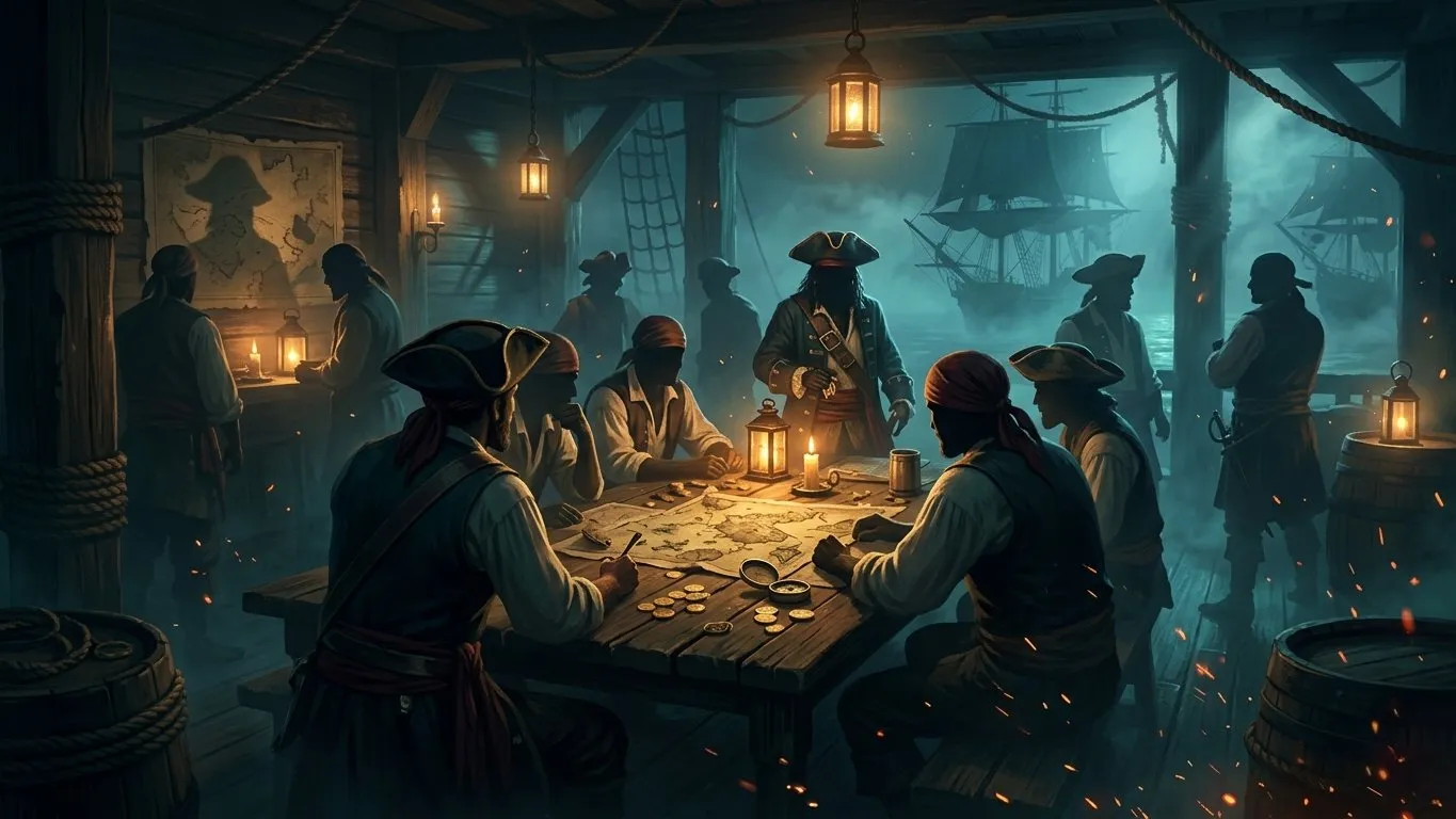 A lively pirate tavern at night with captains analyzing nautical maps, representing the player community discussing game mechanics.