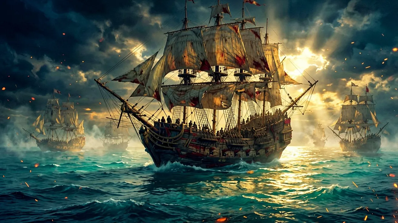 A majestic panoramic view of a massive sailing warship on the Caribbean Sea at dawn.