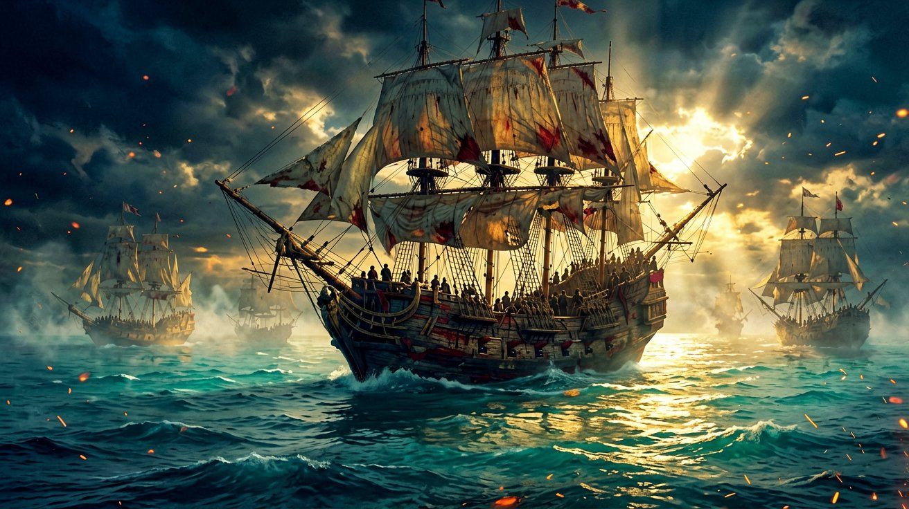 A majestic panoramic view of a massive sailing warship on the Caribbean Sea at dawn.
