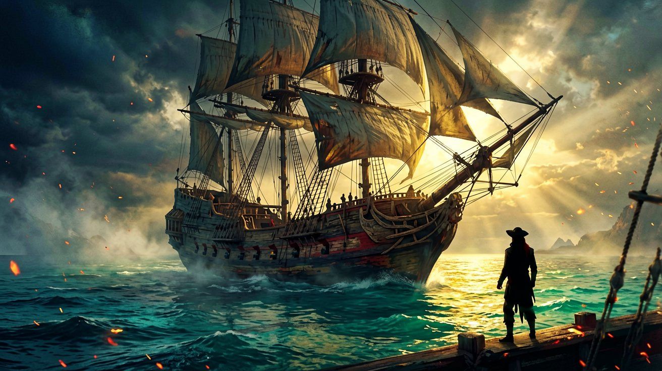 A massive galleon sailing into a golden Caribbean sunrise, showcasing the newly patched world of Assassin's Creed Black Flag Resynced.