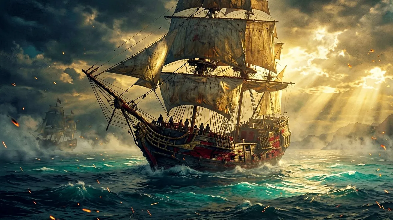 A majestic sailing galleon bathed in the warm light of dawn on the Caribbean Sea.