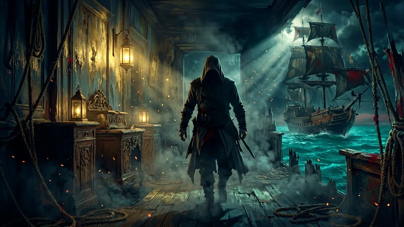 A silhouette of a hooded pirate navigating a dimly lit colonial manor, highlighting a claustrophobic indoor setting.