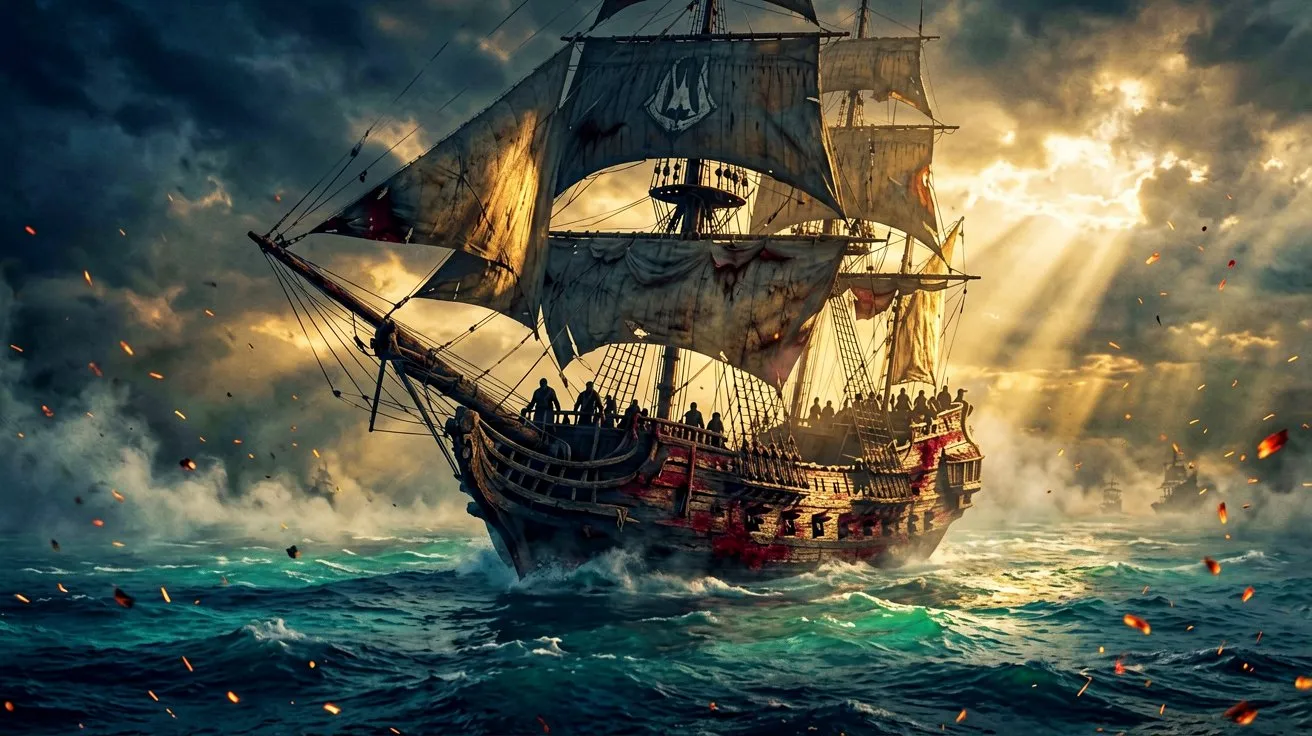 A majestic sailing galleon on the Caribbean Sea at dawn, representing the latest updates and performance discussions for Black Flag Resynced.