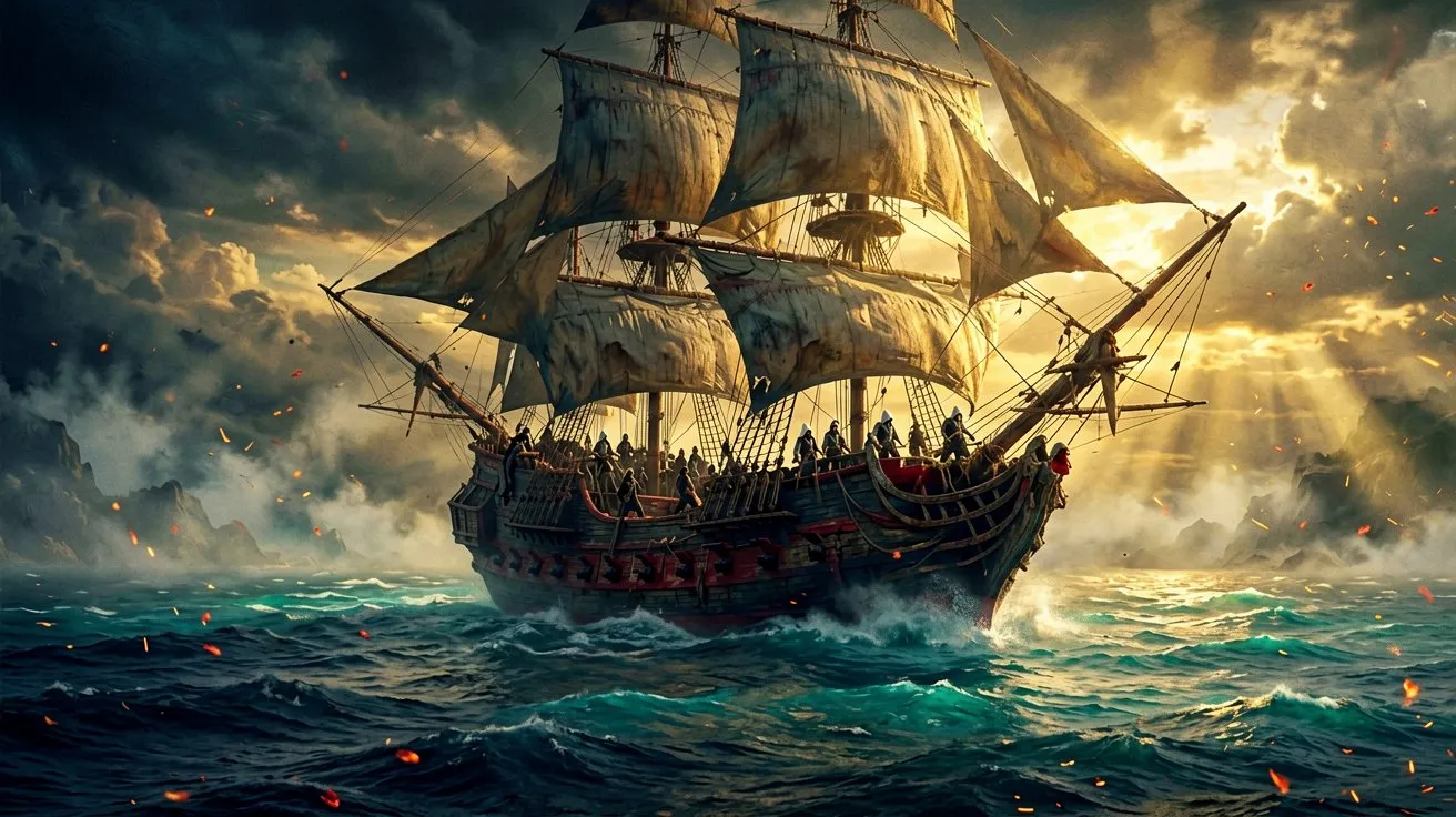 A majestic sailing galleon on the Caribbean Sea at dawn.