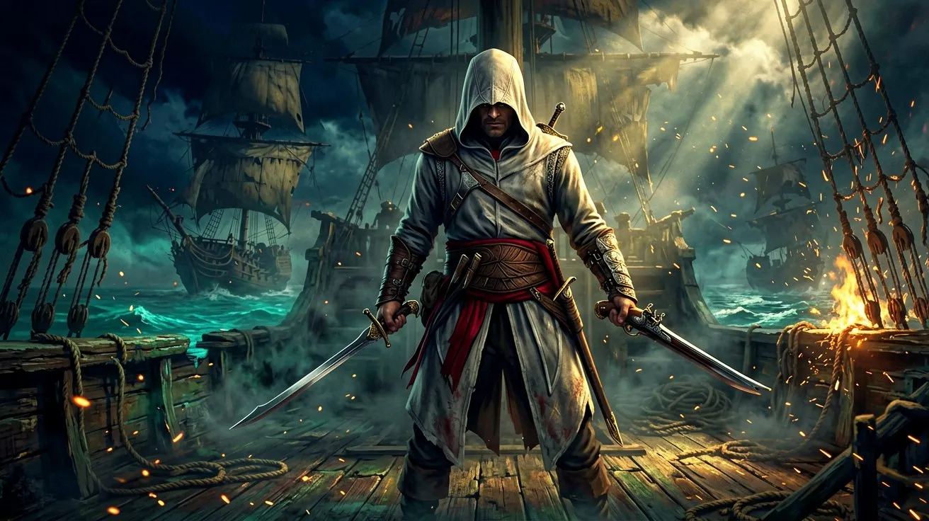 A pirate with face hidden preparing for combat on a ship deck illuminated by firelight.