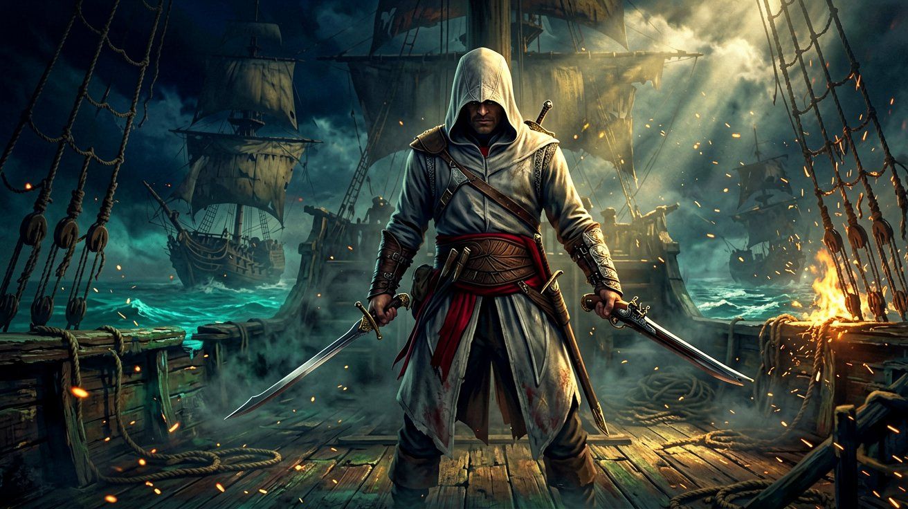 A pirate with face hidden preparing for combat on a ship deck illuminated by firelight.