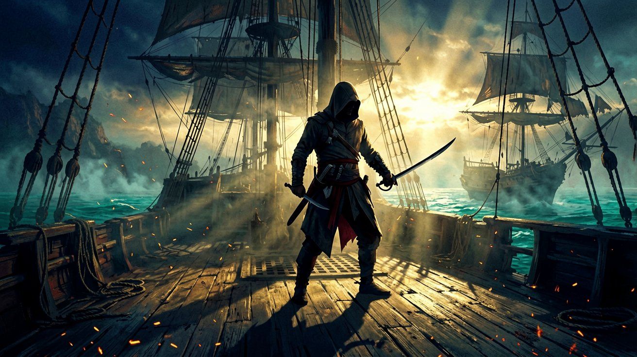A silhouette of a pirate standing on the deck of a galleon at dawn, drawing a cutlass against an incoming enemy, with long shadows cast across the wooden planks.