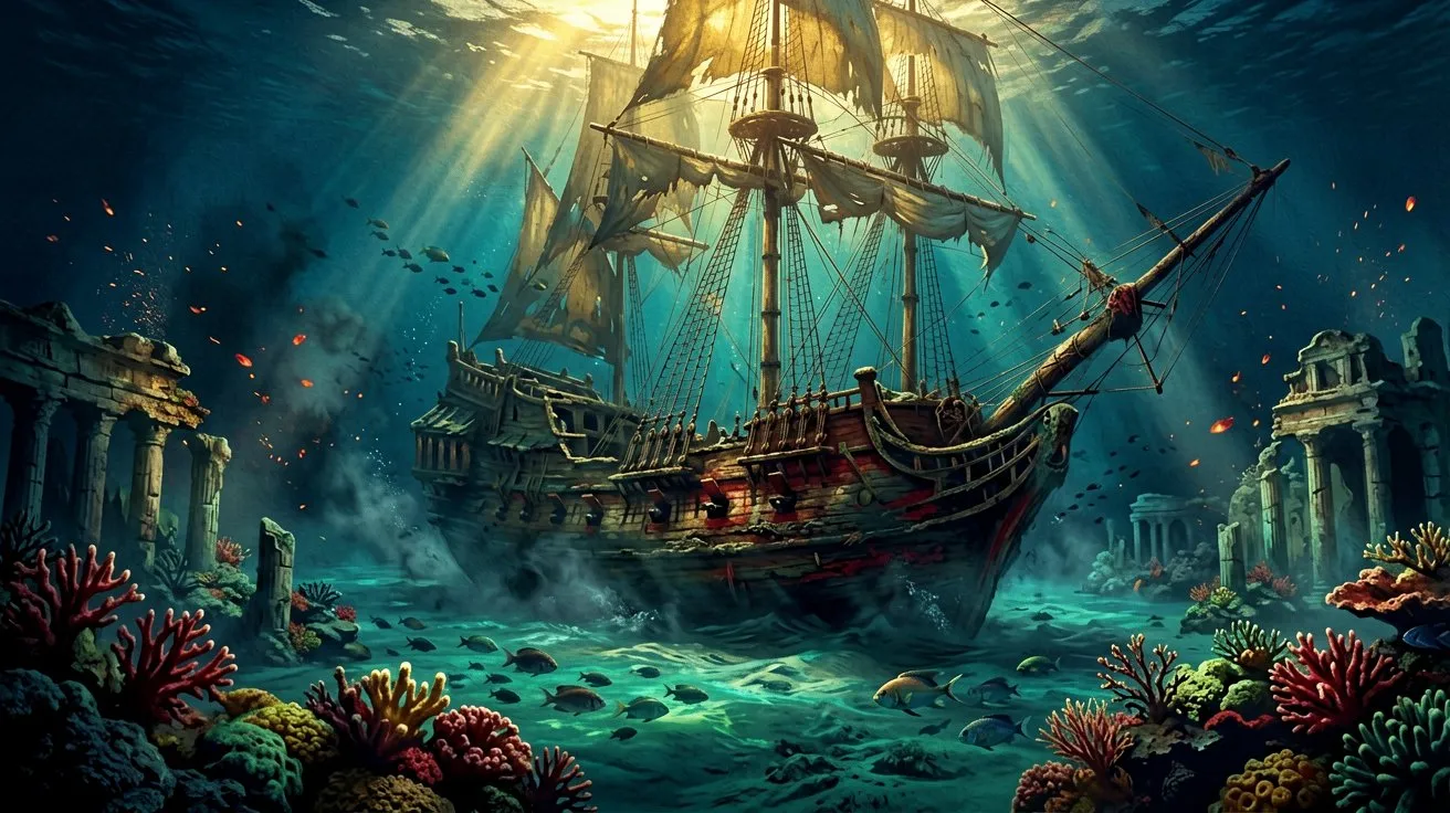 A sunken pirate galleon surrounded by ancient ruins in the turquoise waters of the Caribbean.
