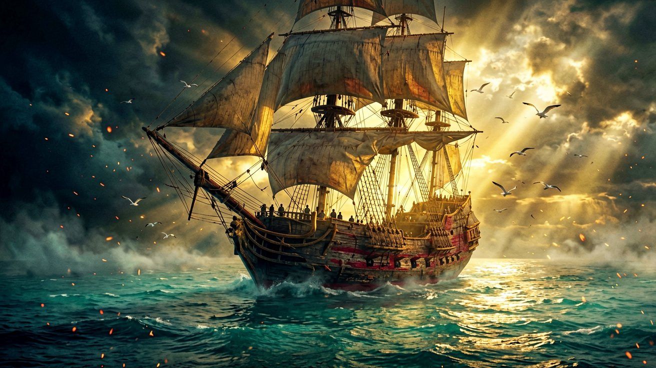 A majestic sailing warship on the Caribbean sea at dawn, celebrating the one-month milestone of Black Flag Resynced.