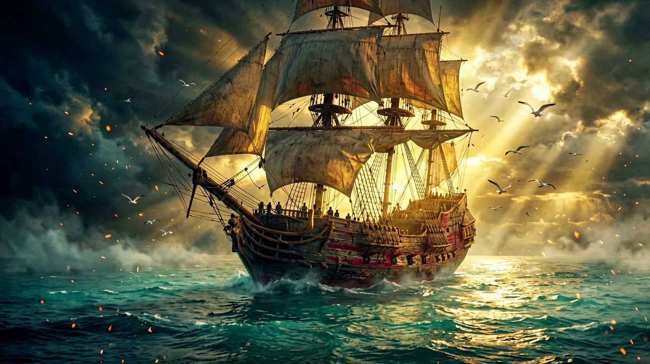 A majestic sailing warship on the Caribbean sea at dawn, celebrating the one-month milestone of Black Flag Resynced.