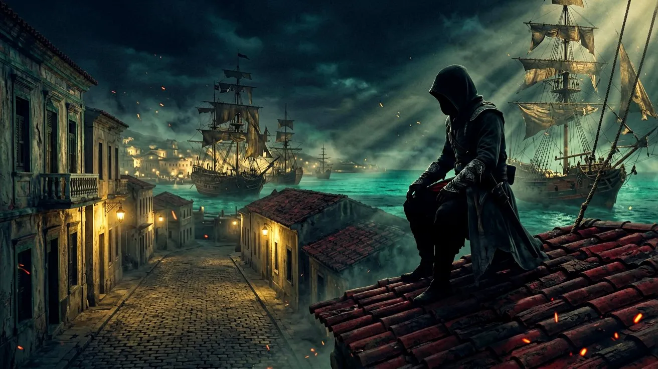 A lone pirate assassin observing the streets of Havana from a rooftop, reflecting the community discussion on enemy density.