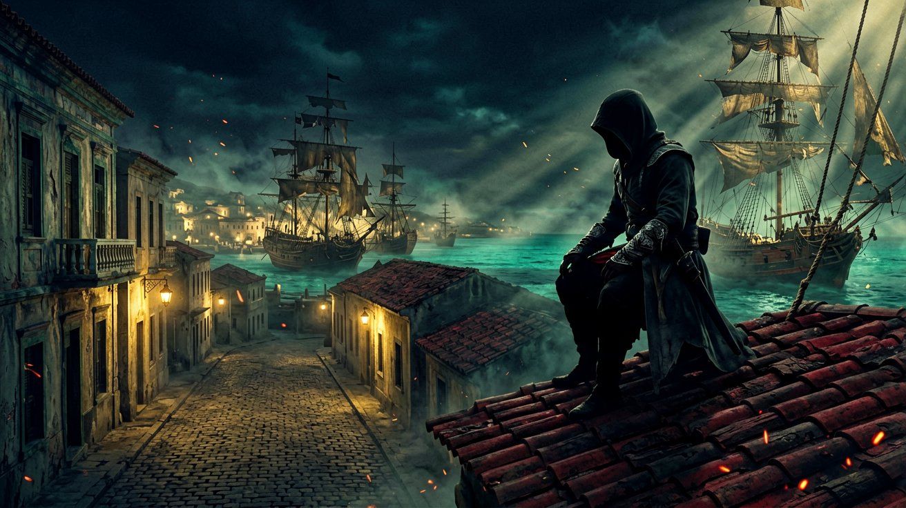 A lone pirate assassin observing the streets of Havana from a rooftop, reflecting the community discussion on enemy density.