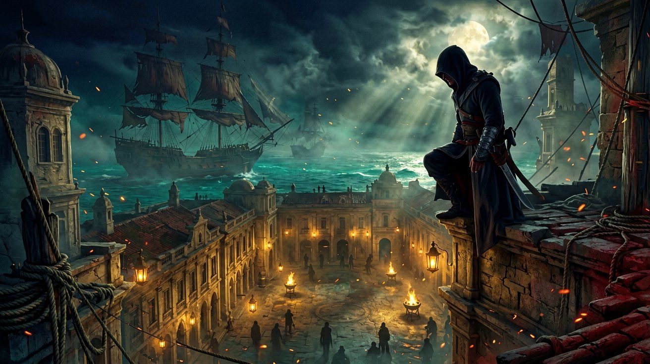 A hooded pirate assassin overlooking a heavily guarded colonial courtyard at night in Havana.