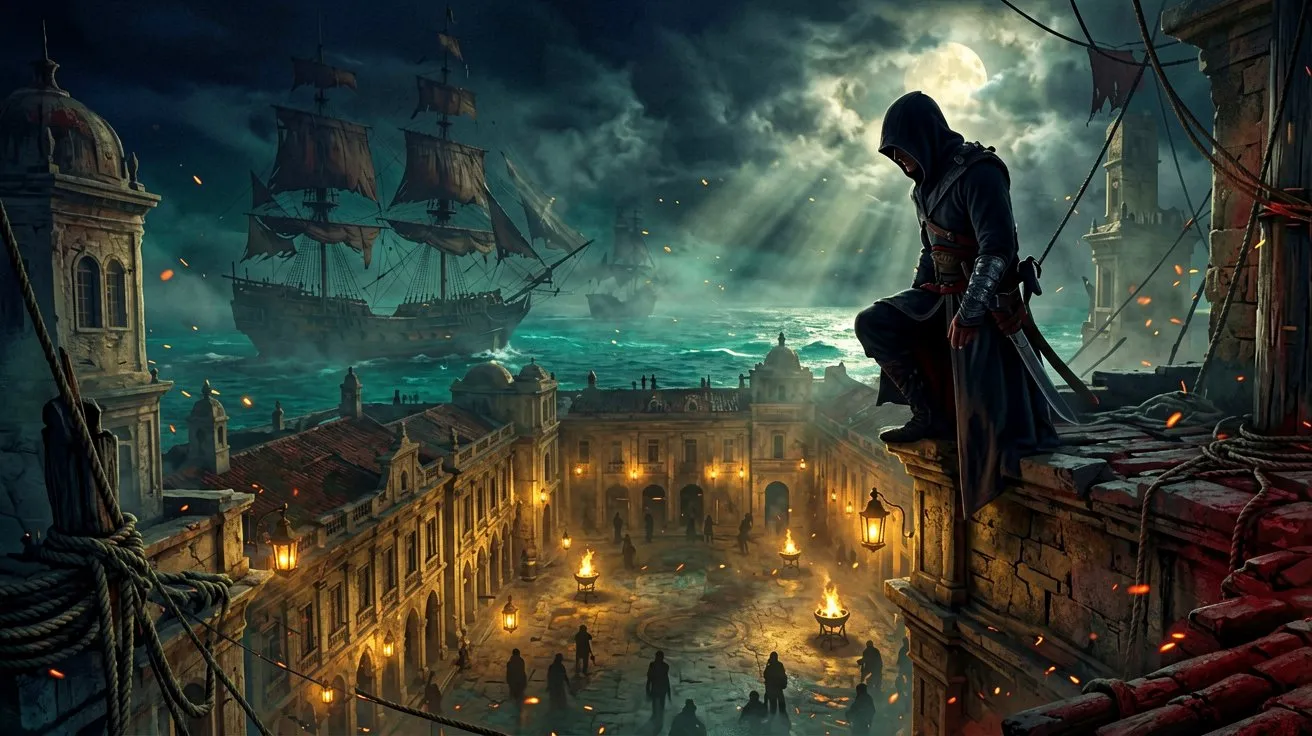 A hooded pirate assassin overlooking a heavily guarded colonial courtyard at night in Havana.