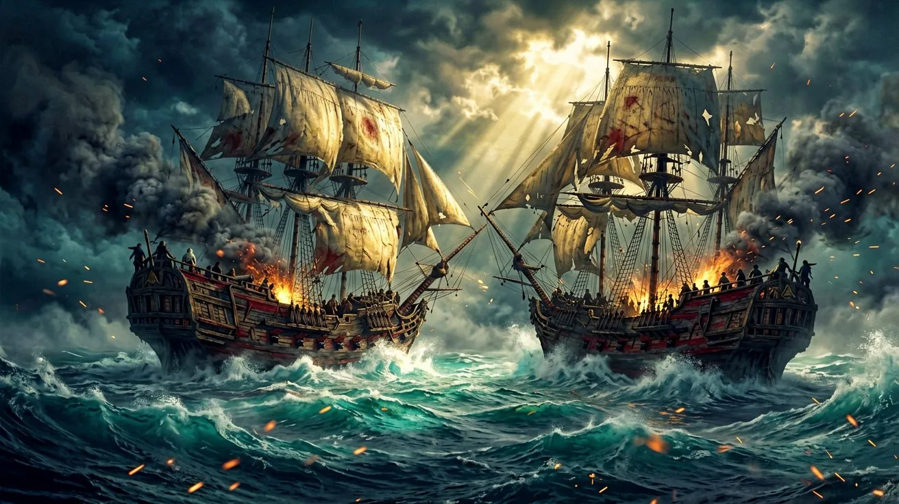 Two heavily armed pirate sailing ships exchanging broadside cannon fire in stormy Caribbean waters, with smoke and flying sparks.
