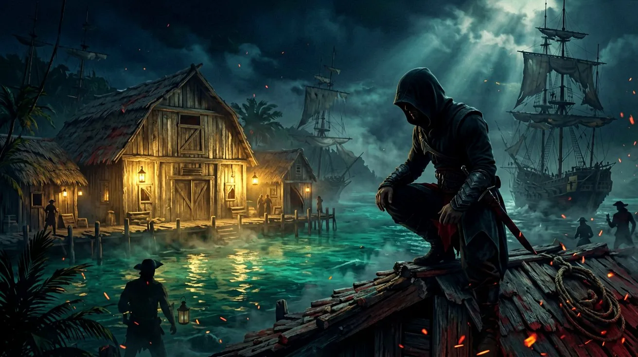 A shadowy figure of an assassin overlooking a brightly lit barn in a Caribbean town at night.
