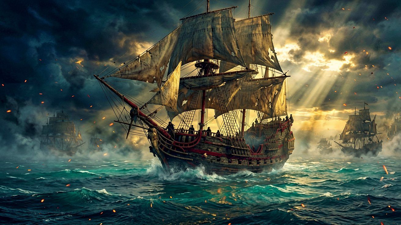 A sweeping panoramic view of a massive sailing galleon on the Caribbean Sea at dawn, conveying a majestic and celebratory atmosphere.