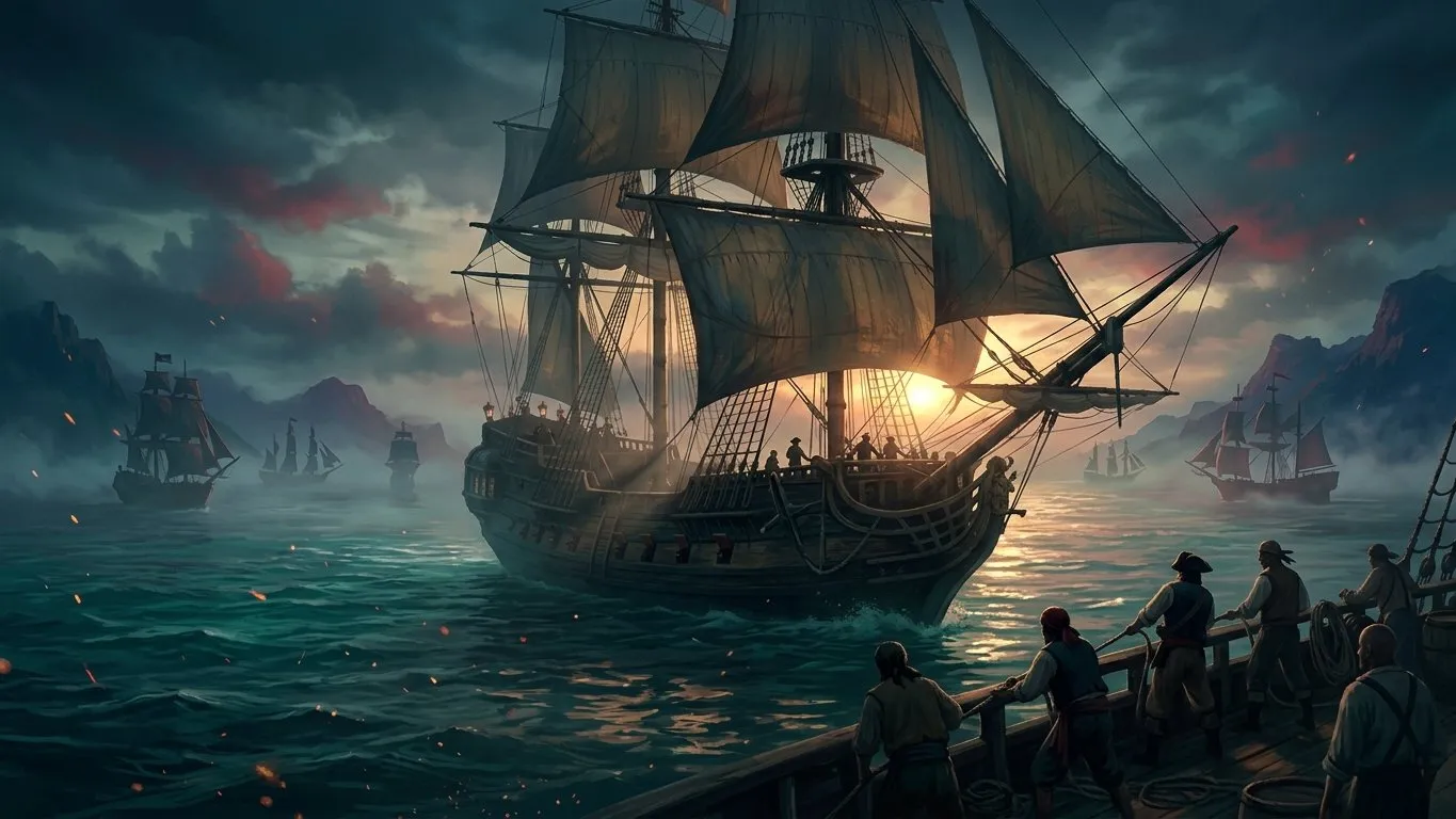 A breathtaking panoramic wide shot of a massive galleon with full sails on the Caribbean sea at dawn.