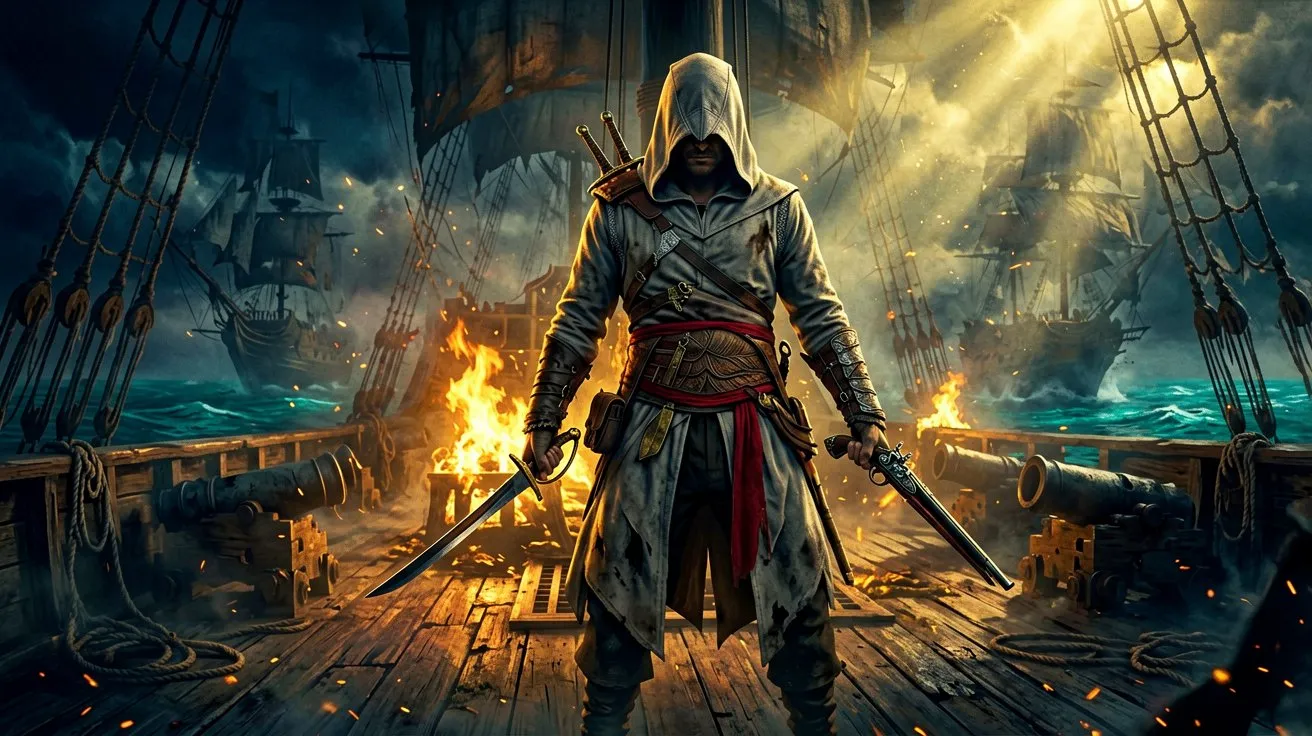 A pirate wielding dual swords on a galleon deck lit by firelight.