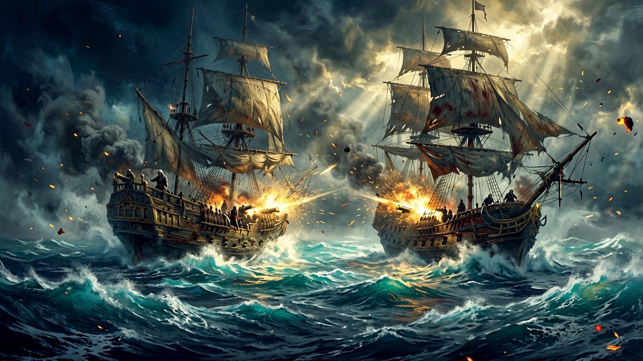 Two tall ships engaged in a fierce cannon battle amidst rough, stormy seas.