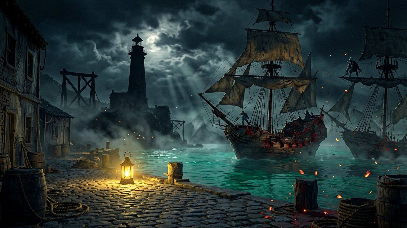 A dark, moody silhouette of a Caribbean harbor town at night, featuring a distant lighthouse and glowing lanterns.