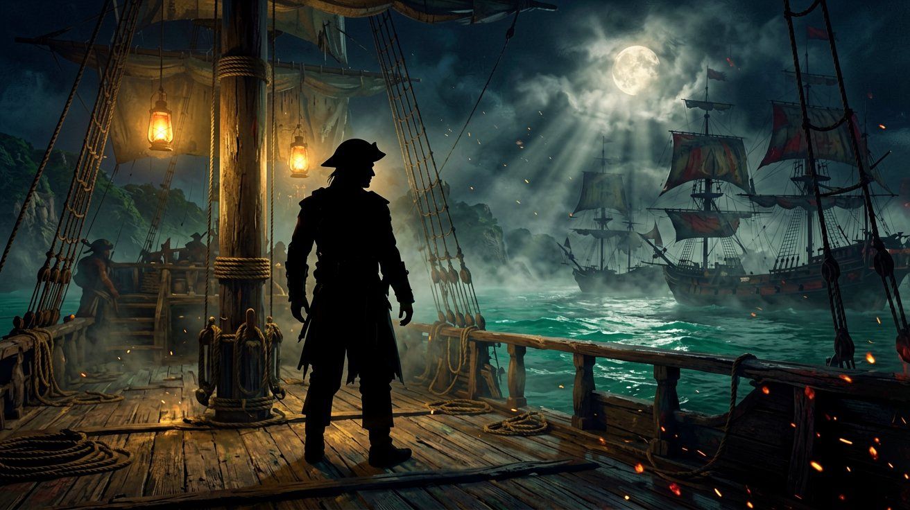 A silhouetted pirate captain stands on the wooden deck of a galleon at night, looking toward an anchored fleet under moonlight.